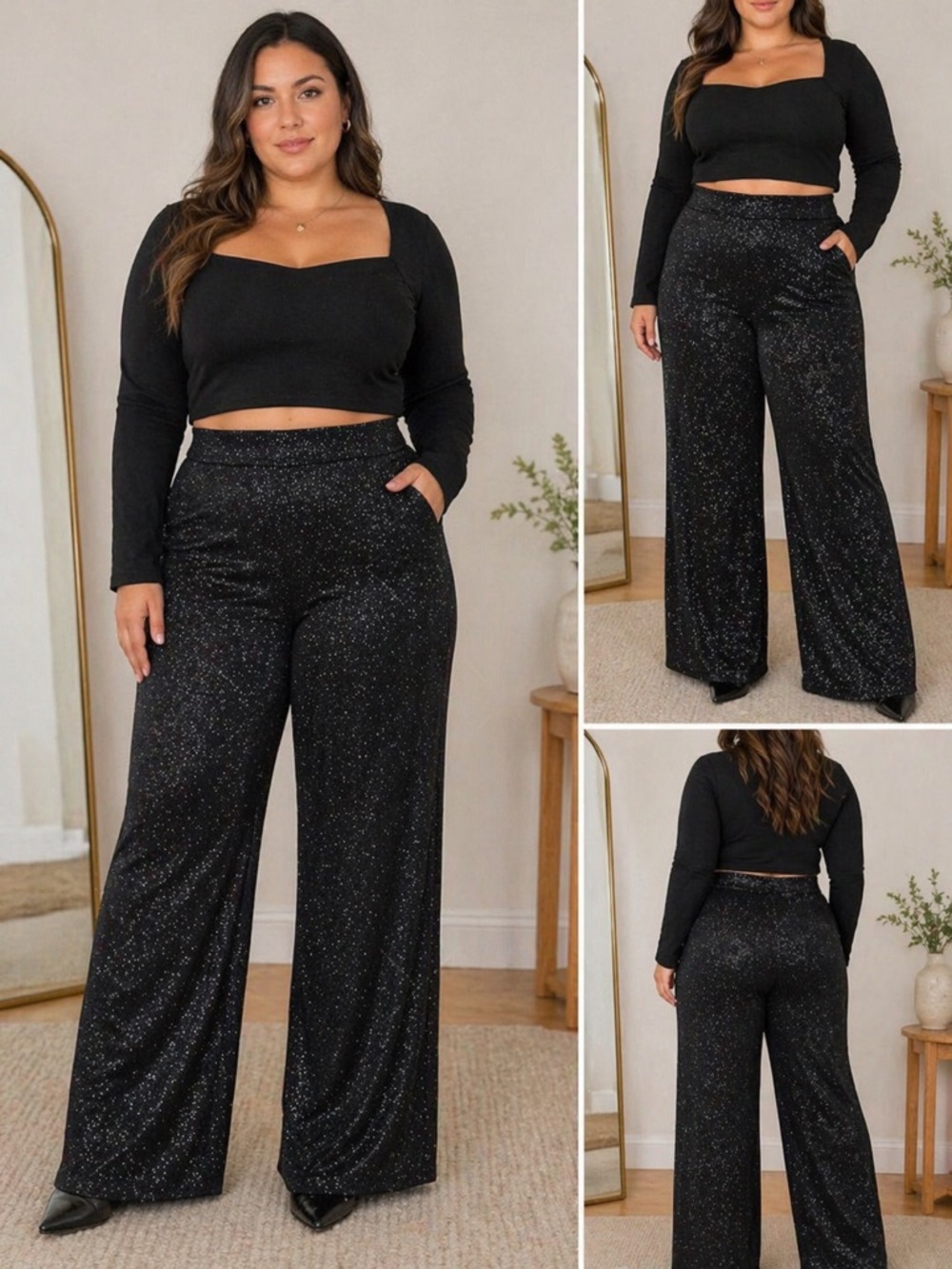 Black Glitter Wide Leg Pants – Petite Fit, High Waist Sparkle